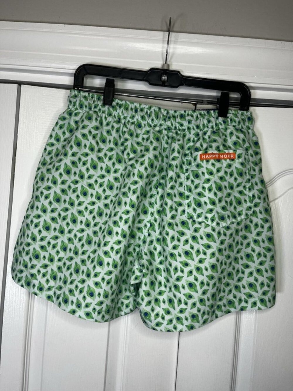 Happy Hour 3.5" Board Swim Shorts Trunks Sz L Peacock Feathers Drawstring Pocket - Picture 5 of 8
